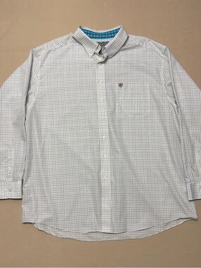 Ariat Men’s White Button-Down Shirt with Blue and Gray Windowpane Plaid Size XXL
